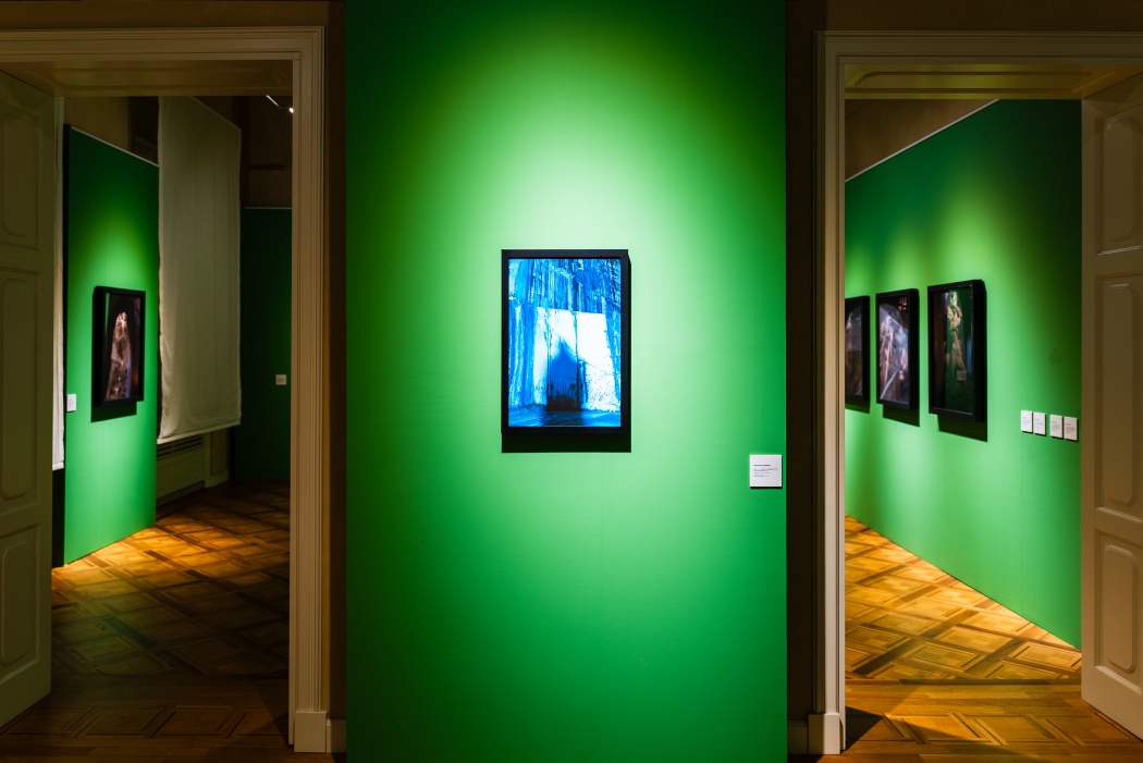 Installation view of "White Carrara" - Palazzo Binelli, Curated By Claudio Composti, Carrara - IT. In the background, in the back room, photos by Simon Roberts. Photo by  Giuseppe D'Aleo